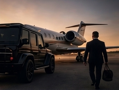 Private jet on runway at sunset