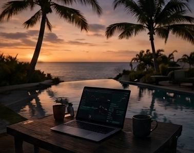 Pool with laptop at sunset